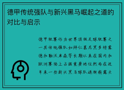 德甲传统强队与新兴黑马崛起之道的对比与启示