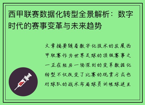西甲联赛数据化转型全景解析：数字时代的赛事变革与未来趋势