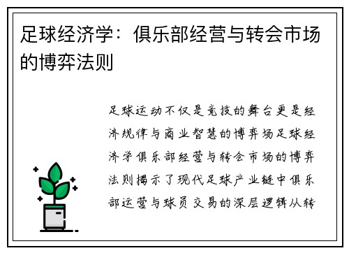 足球经济学：俱乐部经营与转会市场的博弈法则