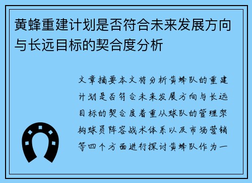 黄蜂重建计划是否符合未来发展方向与长远目标的契合度分析