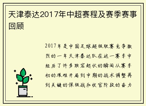 天津泰达2017年中超赛程及赛季赛事回顾